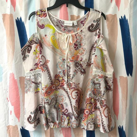 Bisou Bisou Pink Floral Paisley Long Bell Sleeve Tie Neck Cold Shoulder Blouse - Picture 1 of 13